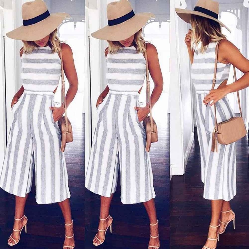 Women's Sleeveless Striped Jumpsuit Casual Loose T